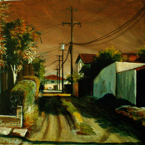 A Natural State – oil painting of a glowing Southern California alley with palm tree, cypress, and red-roofed cottage