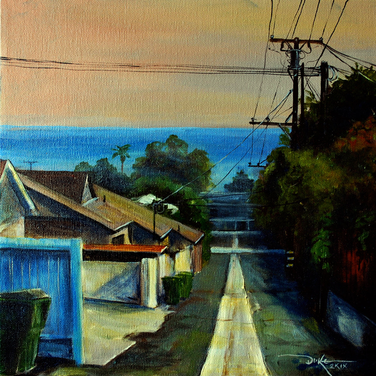 A Pacific Alley – oil painting of a lush tropical dirt alley with red fence, Southern California