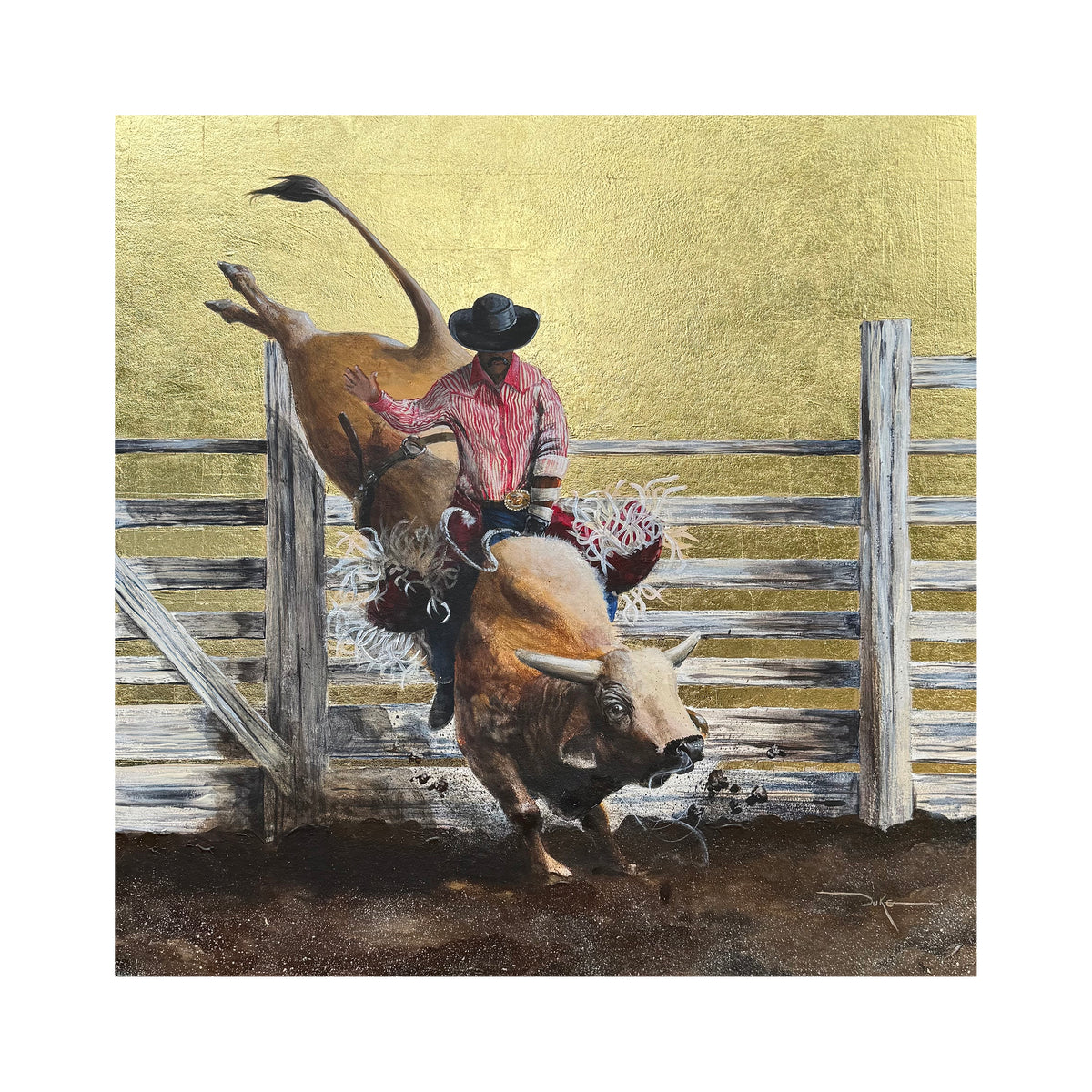 A Rough Commute — rider in striped shirt on bucking tan bull, gold leaf background, Rodeo Collection fine art print by Duke Windsor
