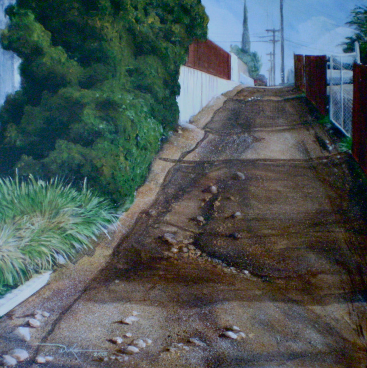 Dirt Rise Alley – oil painting of a sun-lit dirt road alley with banana leaves and power lines, Southern California