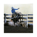 Final 8 Seconds — rider in blue on bucking longhorn bull, muddy arena, Rodeo Collection fine art print by Duke Windsor