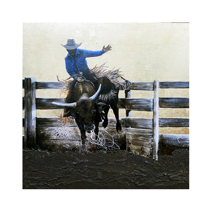 Final 8 Seconds — rider in blue on bucking longhorn bull, muddy arena, Rodeo Collection fine art print by Duke Windsor