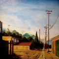 Golden Garages – oil painting of a sun-drenched Southern California alley with yellow garage doors