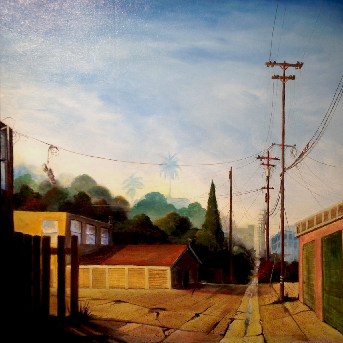 Golden Garages – oil painting of a sun-drenched Southern California alley with yellow garage doors