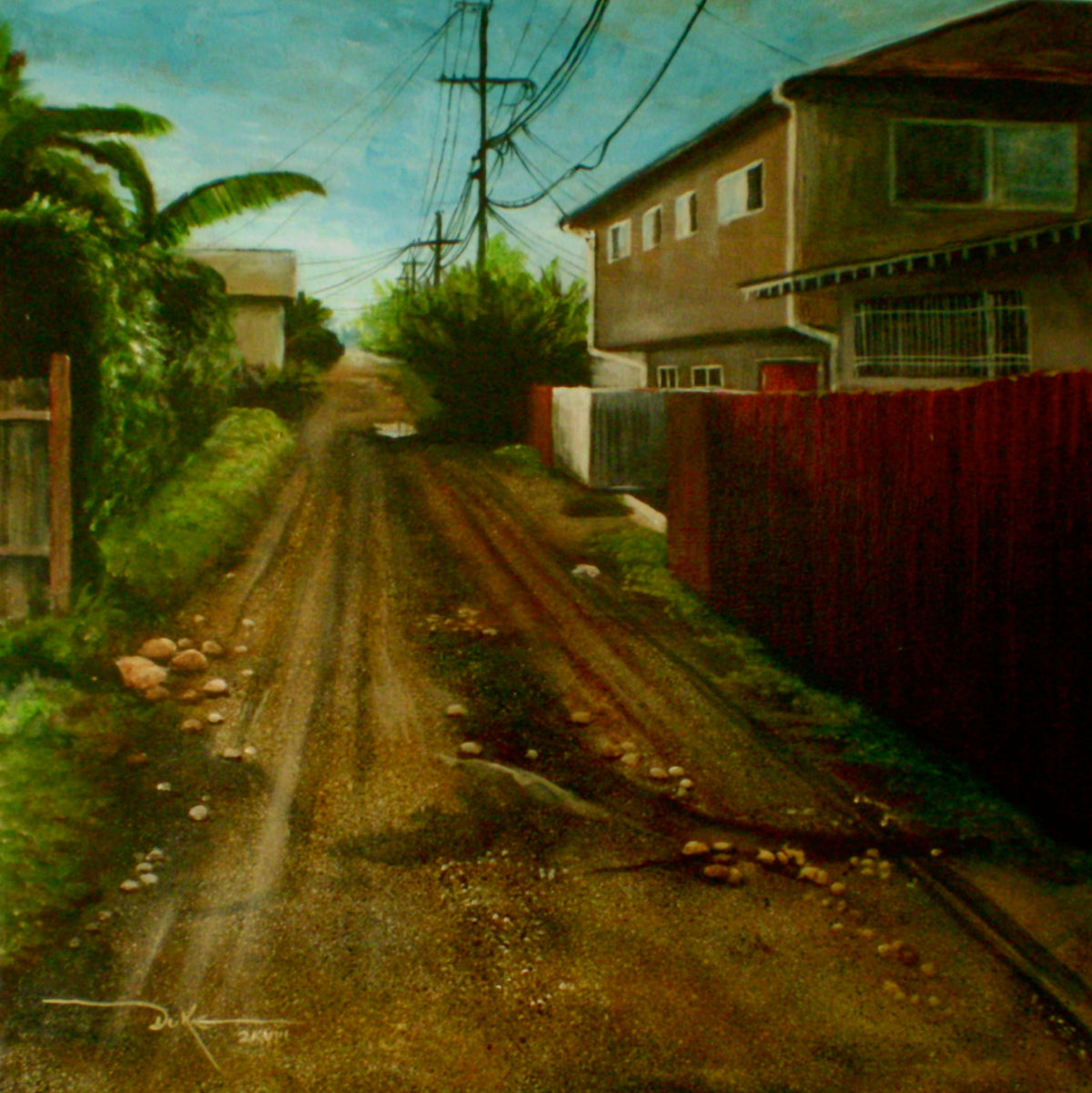 Last Dirt Patch – oil painting of a Southern California alley under a copper sky with power lines and an earth pile