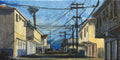 Lattice Works – oil painting of a Southern California alley with power lines and an ocean view in the distance