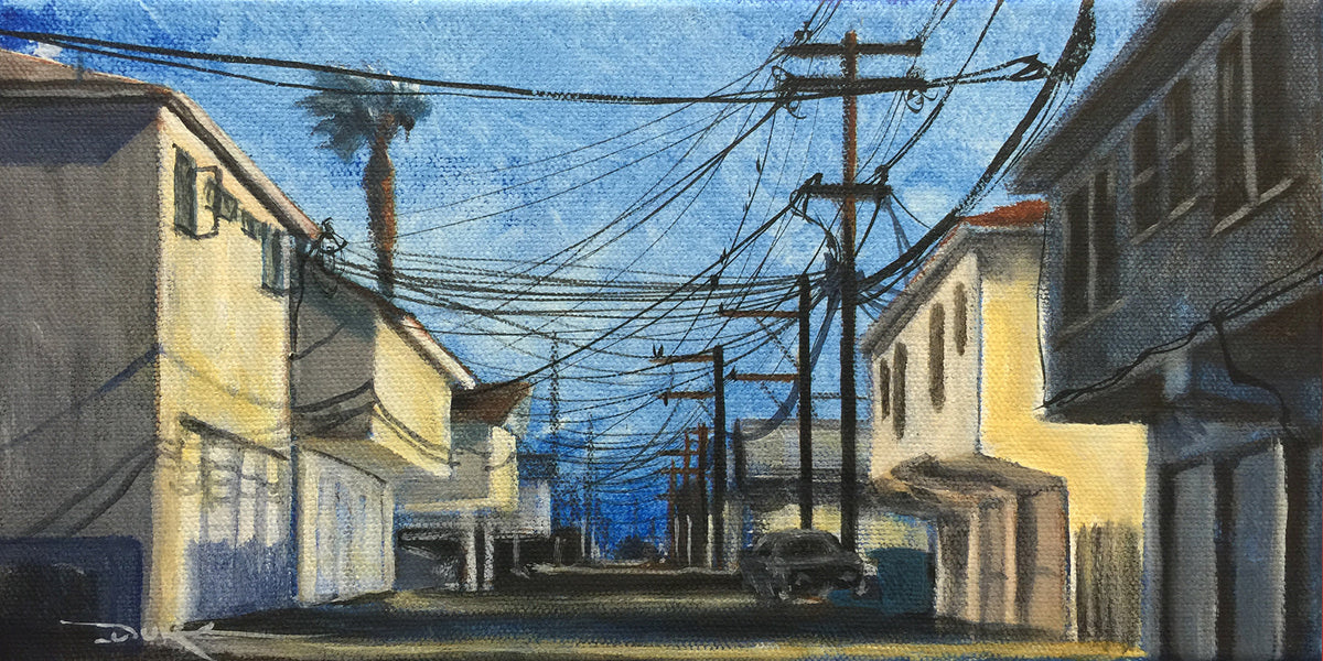 Lattice Works – oil painting of a Southern California alley with power lines and an ocean view in the distance