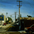 Little Red Car – oil painting of a cracked concrete alley path with overgrown hedges and a church spire, Southern California