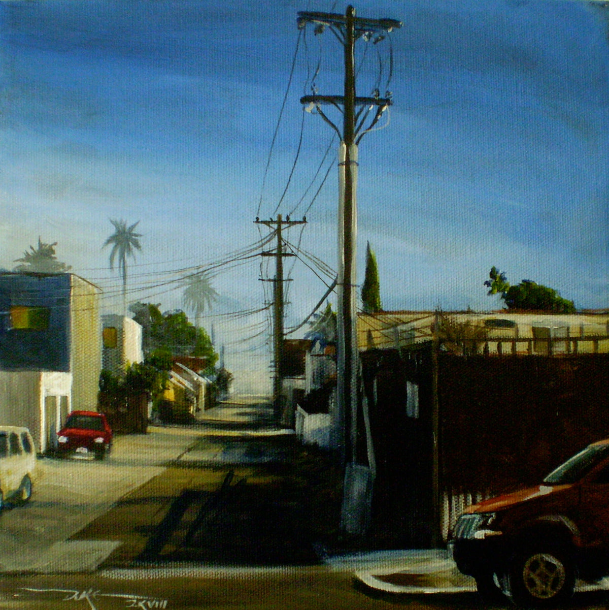Little Red Car – oil painting of a cracked concrete alley path with overgrown hedges and a church spire, Southern California
