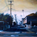Mass Appeal – oil painting of a sun-drenched Southern California alley with utility poles and a luminous sky