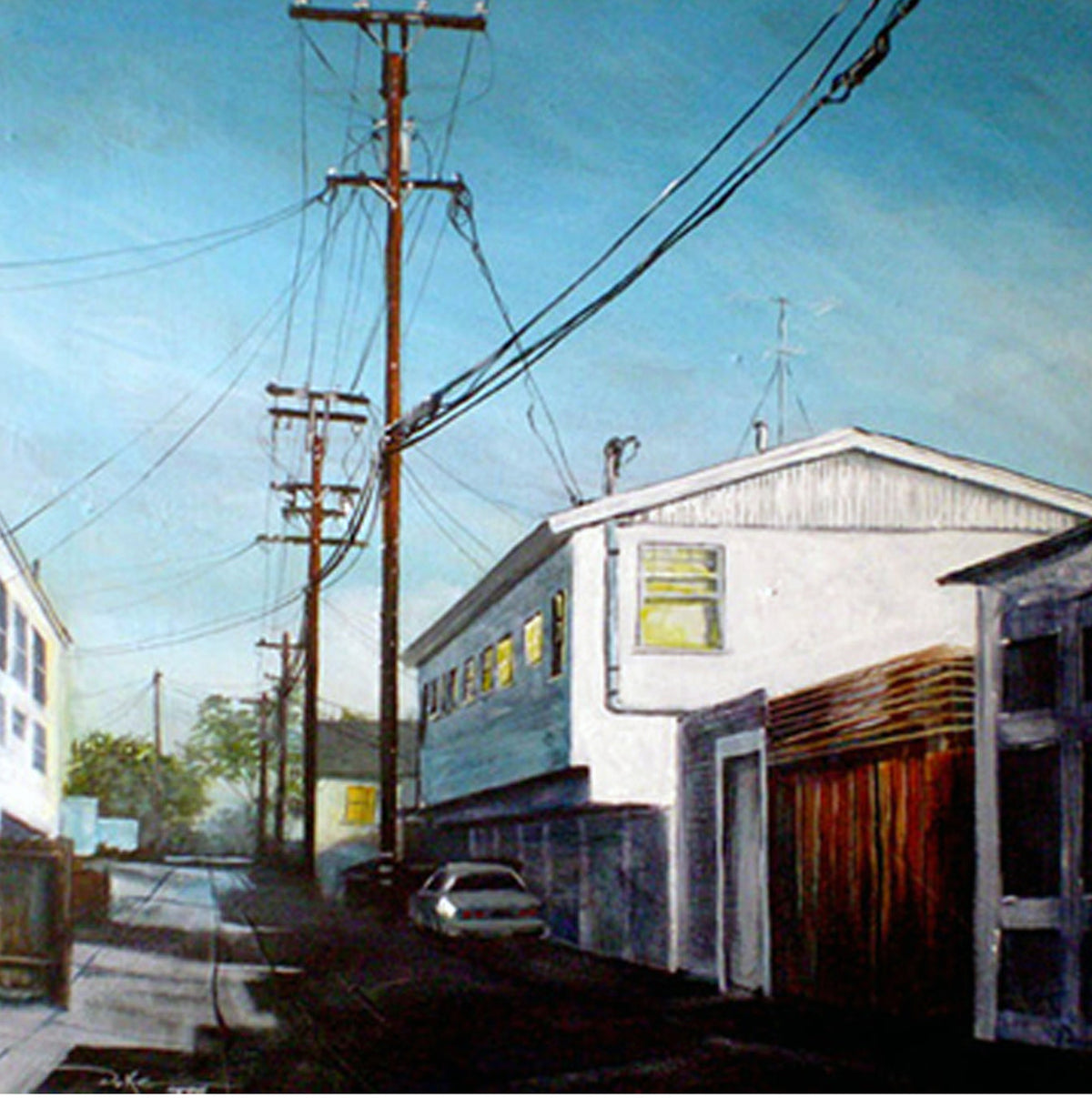 Blue Hour Alley – oil painting of a misty dusk alley with utility poles, palm trees, and vintage truck
