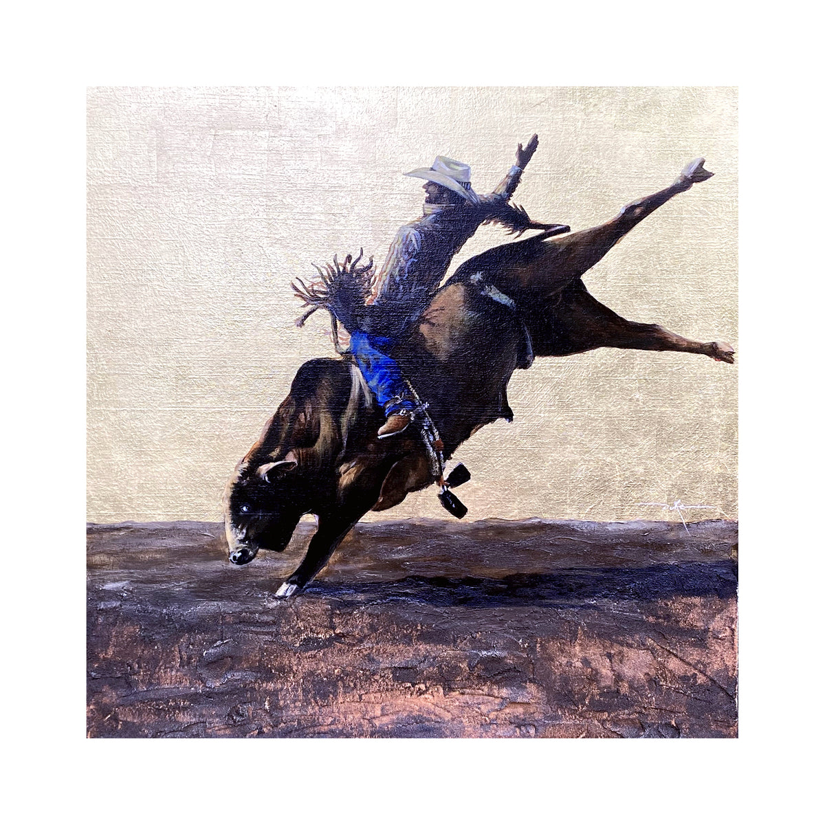 Oscar Dreams — rider in white hat on dark lunging bull, silvery background, Rodeo Collection fine art print by Duke Windsor