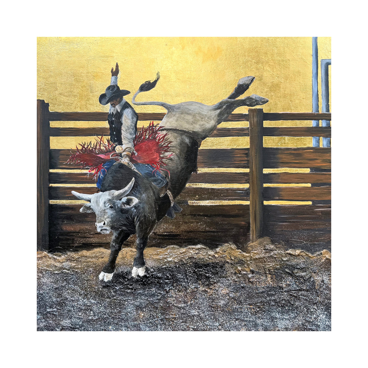Riding the Hurricane — cowboy in white hat and crimson chaps on dark bull, gold leaf background, Rodeo Collection fine art print by Duke Windsor
