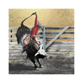 White Feather — rider in black vest on grey bull with red feathered rig, gold leaf sky, Rodeo Collection fine art print by Duke Windsor