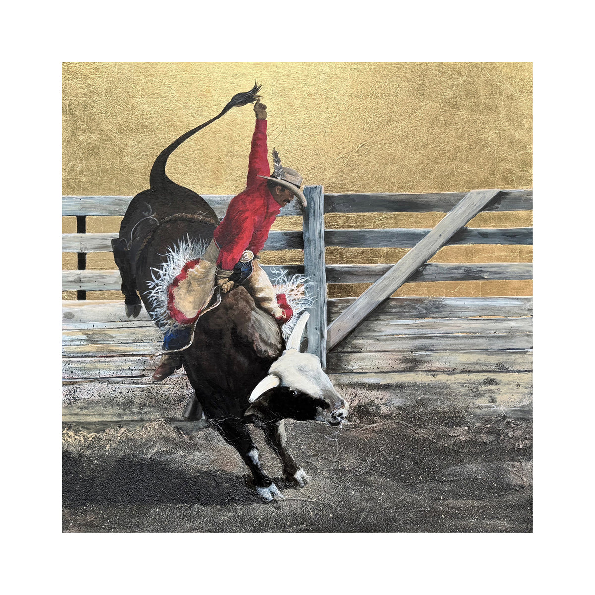 White Feather — rider in black vest on grey bull with red feathered rig, gold leaf sky, Rodeo Collection fine art print by Duke Windsor